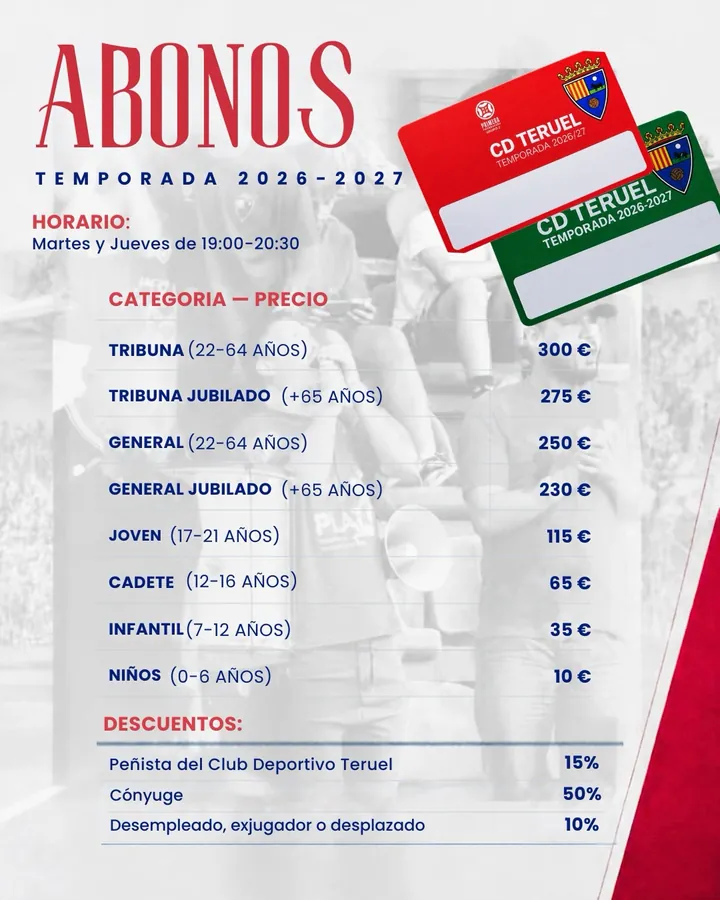 Abonos temporada 2026-2027: horario martes y jueves de 19:00 a 20:30. Tribuna 300 €, Tribuna jubilado 275 €, General 250 €, General jubilado 230 €, Joven 115 €, Cadete 65 €, Infantil 35 €, Niños 10 €. Descuentos: peñista 15 %, cónyuge 50 %, desempleado, exjugador o desplazado 10 %.